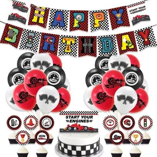 1Set Racing Theme Flag Balloons Black White Checkered Race Car Banners F1 Theme Birthday Party Decoration Cake Toppers Kids Toy