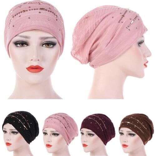 1PC Solid Fashion Women Beading India Hat Islamic Lace Turban Elastic Muslim Hat Chemo Cap Headwrap Soft Sleeping Hat Beanie New