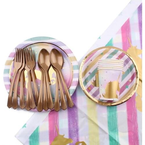 39Pc/Set Bronzing Unicorn Disposable Tableware Birthday Decoration Baby Shower Spoon Plate Cup Napkins Tablecloth Party Supplies