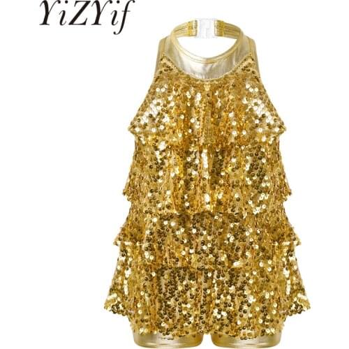 Kids Girls Halter Shiny Sequins Jazz Dance Cosutme Shorty Unitard Dress Modern Latin Dancing Jazz Costume Ballet Leotard Dress