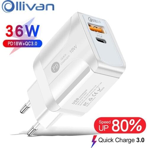 EU/US/UK Plug 36W Charger QC3.0 Fast Charger Adapter 18W PD Charger USB-C Power Adapter For iPhone 12 Mini Xiaomi Quick Charging
