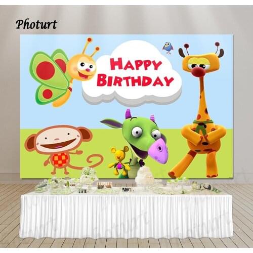 PHOTURT Cartoon Animal Backdrop Kids 1st Birthday Supply Monkey Bee Photography Banner Photo Background Party Decorate Props