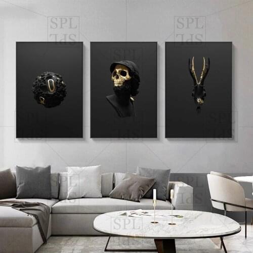 Black Canvas Painting Golden Skull Wall Picture for Home Decoration Mask Hand Still Life Living Room Interior Posters and Prints