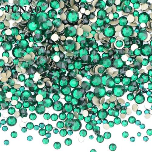 JUNAO 1400pcs SS6 8 10 12 16 20 Emerald Green Mix Size Loose Non Hotfix Rhinestones Flat Back Glass Decorative Crystal Strass