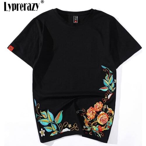 Lyprerazy Mens Hip Hop Chinese Peony Embroidered Flower T-Shirt Streetwear Tops Tees Harajuku Embroidery Ethnic Clothes