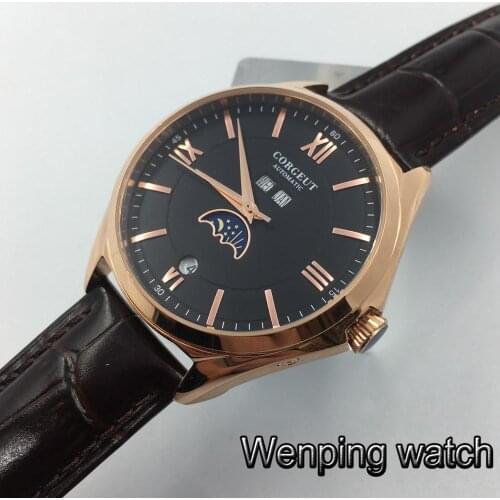Corgeut 2020 new 41mm mens top luxury watches golden case black dial date leather strap automatic mens watch