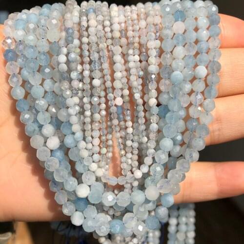 Natural Faceted Aquamarina 2/3/4mm Round Small Stone Loose Rondelle Beads For Jewelry Making Diy Needlework Bracelet Necklace