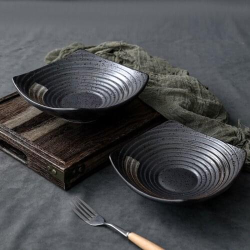 LingAo New restaurant luxury dessert pasta fruit salad bowl ceramic plate retro black gold series tableware
