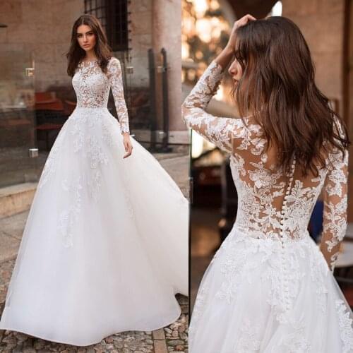 Attractive Tulle Scoop Neckline See-through Bodice A-line Wedding Dress With Lace Appliques Long Sleeves Nude Top Bridal Dress