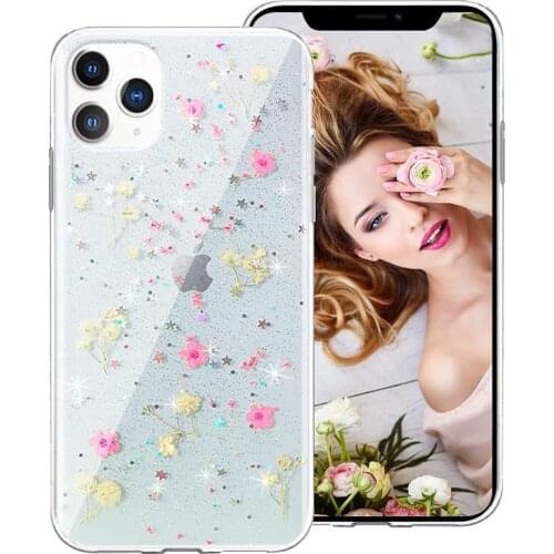 Clear Glitter Real Flower Case For iPhone 12 11 Pro XS MAX Mini X XR 7 8 Plus SE2 Silicone Cover Dry Floral Phone Case for Girls