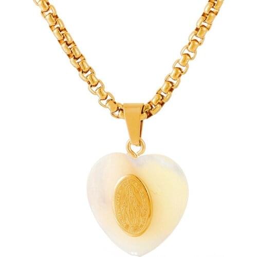 REN013 Stainless Steel Heart Shape Shell Virgin Mary Shell Necklace Pendant Gold Eletroplated Box Chain Religion Jewelry