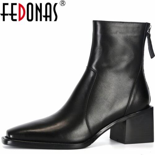FEDONAS Concise Fashion Women Ankle Boots Autumn Winter Genuine Leather Square Toe Thick Heels Back Zipper Shoes Woman Office