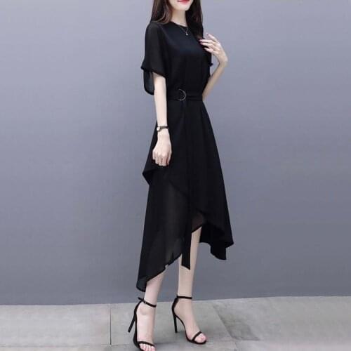 Womens Dresses New Arrival 2019 Korean Dress Midi Long O Neck Belt Black Casual WomenS Asymmetric Dresses Summer 2019 DD2326