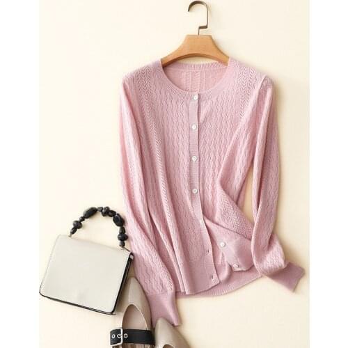 New womens spring autumn crew neck buttons 100% cashmere pink cardigan