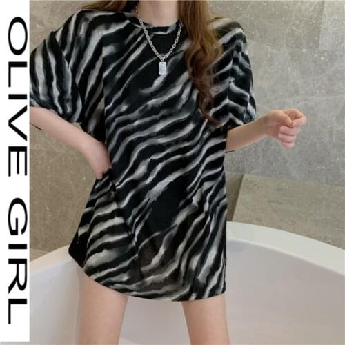 New Korean Style Large Size Streetwear Loose Black Pullover Tops Tide Zebra Print T-Shirt Summer Womens Short-Sleeved Long Tees