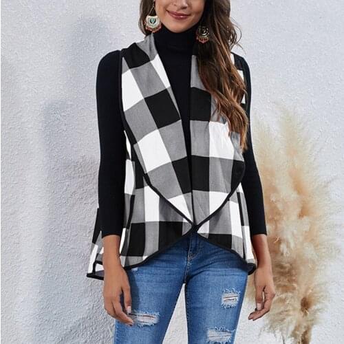 Women Vest Coat Spring Fall Lapel Fashion Irregular Check Cardigan Vest Coat