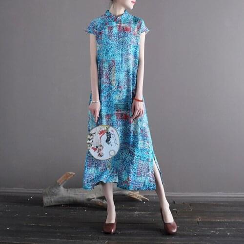 2040 Summer New Cotton Linen Digital Printing Chinese-Style Improved Cheongsam Split Dress Dresses for Women