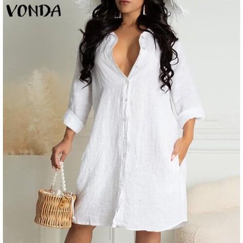 Women Long Sleeve Dress 2021 VONDA Sexy Solid Color Pleated Dress Femme Robe Cotton Lapel Collar Button Up Shirts Vestido