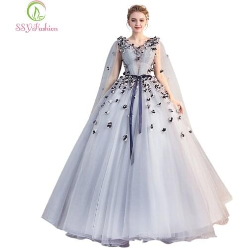 SSYFashion New Prom Dress Sweet Grey Lace Flower A-line Floor-length Appliuqes Evening Party Gown Formal Dresses Robe De Soiree