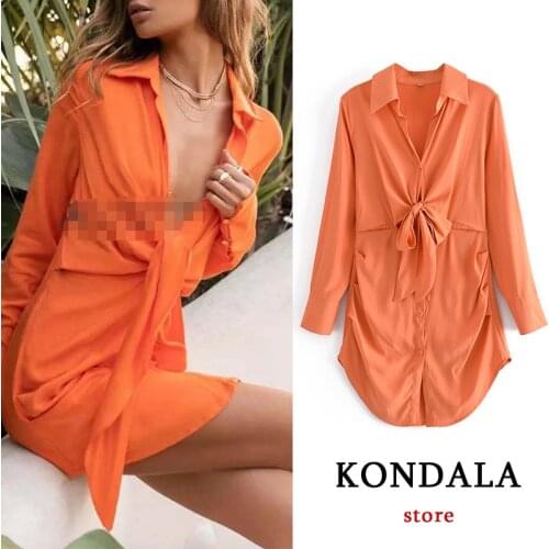 KONDALA Za Chic Orange Sexy Shirt Dress Women V Neck Bow Sashes Loose Pleated Mini Dress Long Sleeve Summer 2021 Stylish Vestido
