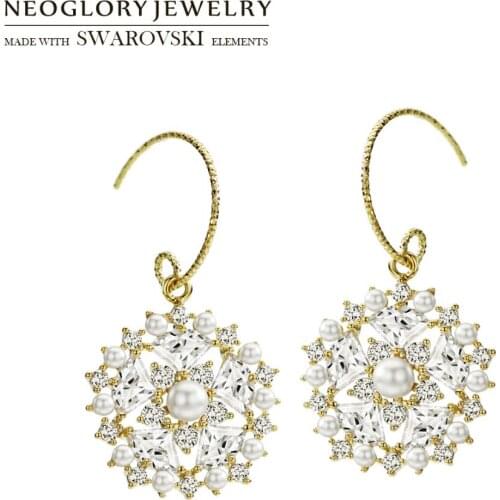 Neoglory Zircon & Simulated Pearl Snowflake Design Hook Dangle Earrings Elegant Romantic Lady Christmas Long Dress Holiday Gift