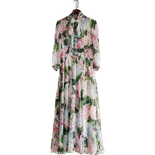 Summer New Vintage Floral Print Women Long Dress Good Quality Trend Ribbon Bow Ball Gown Elegant Party Dress Clothes Vestido