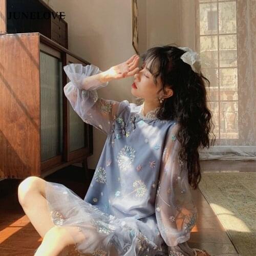 JuneLove Vintage Elegant Floral Blue Midi Dress Women French Kawaii Long Sleeve Embroidery Dress Sweet Sequin Dress Summer 2021