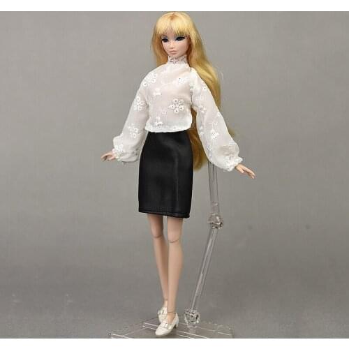 1Set Fashion Clothes For Barbie Dolls Accessories Doll Outfits Puff Sleeve Tops Black Leather Skirt For Blythe Doll Kid DIY Toys