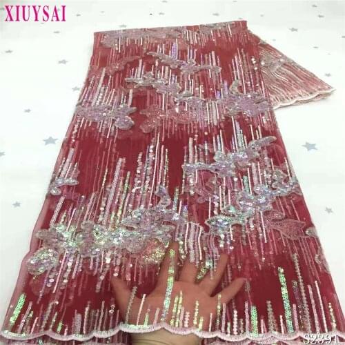 2021 Sequin Lace Fabric Mesh Red Color African Embroidery Sequence Nigerian French Party Latest High Quality Tulle Hot Sale