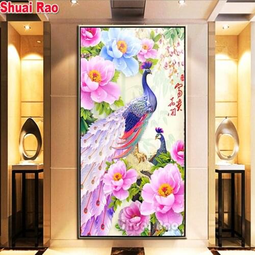 5 d Peacock Peony Flowers full square round drill DIY large diamond painting family feng shui painting 5d mosaic embroidery sale
