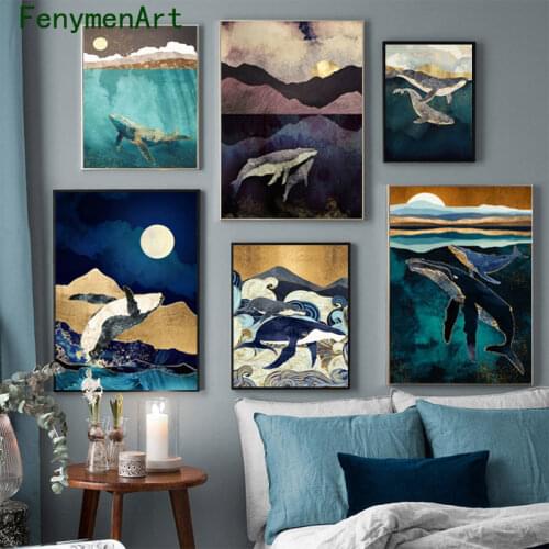 Abstract Moon Dolphin Canvas Painting Blue Golden Sea Ocean Poster Print Nordic Wall Art Poster Modern Picture Room Home Decor