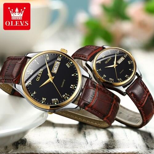 OLEVS Fashion Couple Watches Fuax Leather Quartz Analog Men and Women Wrist Watch Waterproof luminous watch Valentine Gift 5568
