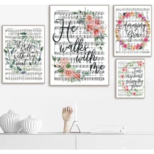 Floral Hymn Sheet Music Print Amazing Grace It is Well Poster Christian Wall Art Pictures Canvas Painting Home Wall Decor