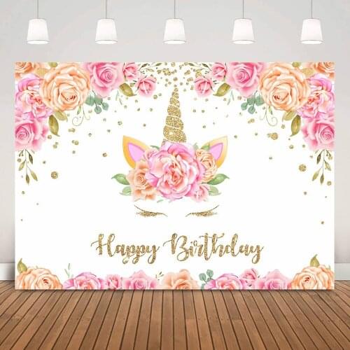 Unicorn Flowers Girl Birthday Backdrop Newborn Baby Unicorn Happy Birthday Floral Background Rose Vinyl Custom Photo Backdrops