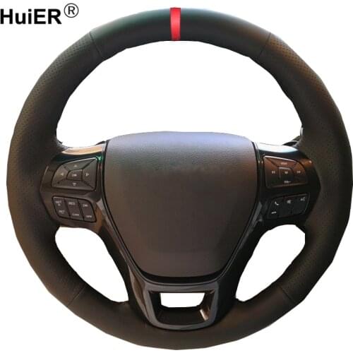 HuiER Hand Sewing Car Steering Wheel Cover Breathable Car Styling Red Marker For Ford Explorer 2016-2018 Auto Car Protector