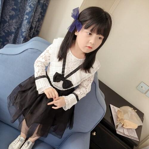 2017 Children Girl Fashion Summer Clothing Set White Lace Bow Long Sleeved Shirt+black Tutu Skirts,kids Girls Princess Suits
