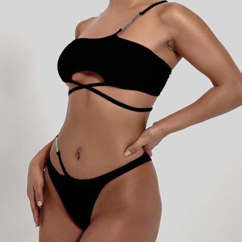 High Cut Out Bikini Set Two Pieces Bandage Swimwear One Shoulder Beachwear Brazilian Biquini Chain Swimsuit Bandeau Bikinis