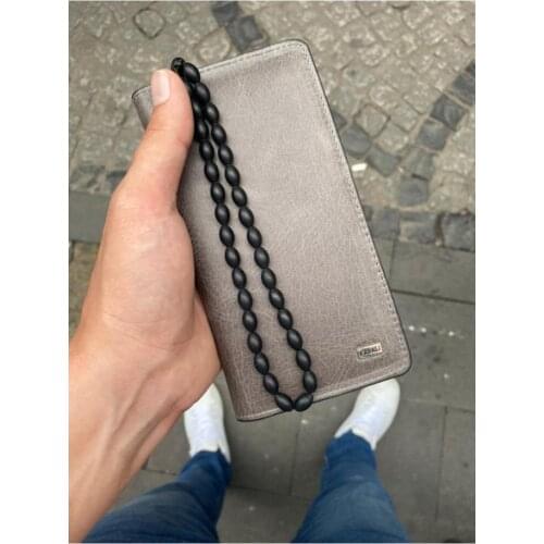 Karali Leather Phone Compartment Crazy Gray Genuine Leather Wallet-Kuka Rosary Gift