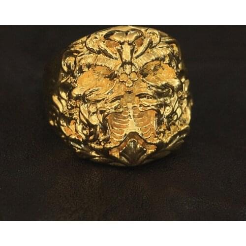 LINSION Gold Plated Brass Dark Banshee Skull Ring Mens Biker Punk Jewelry GP259 US Size 7~15
