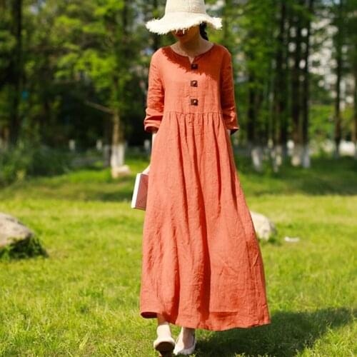LZJN Women Spring Summer Long Sleeve Maxi Dress Long Linen Robe Femme Handmade Front Buttons Long Shirt Dress with Pockets