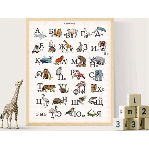 Wall Picture Decor Print Nursery Canvas Art Painting Russian Language Alphabet With Animals Educational Nordic Poster Kids Room