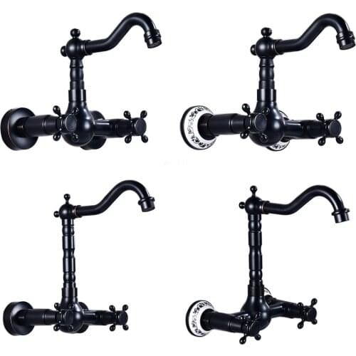 Wall Mounted Bathroom Kitchen Faucet Dual Handle Brass Black Hot and Cold Water Tap 360 Swivel Long Spout Kitchen Mixer Tap