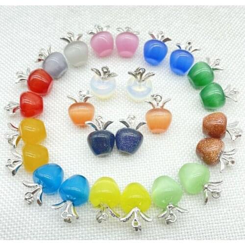 Natural Gem Stone Quartz Crystal Cats Eye Opal silver alloy Charms Apples Pendant For Jewelry Making Necklace Accessories 12Pcs
