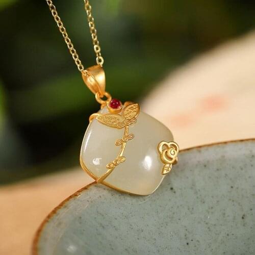 Original S925 Sterling Silver Gold Plated Natural Hotian Jade Pendant Personalized Antiquity Chinese Style Creative Cheongsam fo
