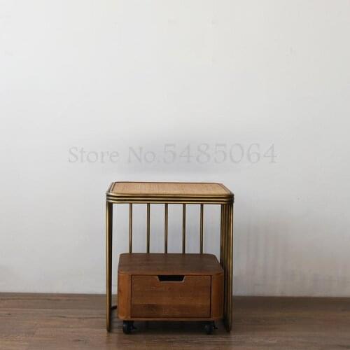 Retro Rattan Wrought Iron Bedside Table Small Apartment Side Table Wood Color Antique Simple Single Side Cabinet