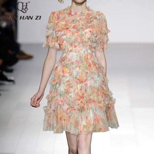 Qian Han Zi O-Neck short-sleeved hand-cranked flower ruffled waist mesh printing short puffy dress 2021 female summer new