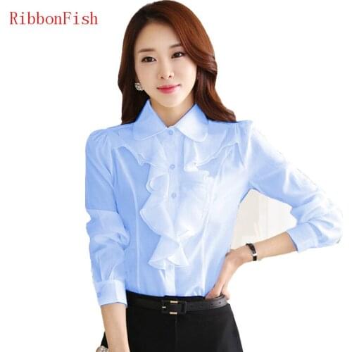 RibbonFish Women Autumn Spring Chiffon Blouses Shirts Lady Girls Casual Ruffles O-Neck Long Sleeve Blusas Plus Size DD1217