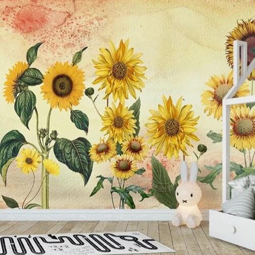 Self-Adhesive Wallpaper 3D Retro Hand-painted Sunflower Murals Living Room Dining Room Romantic Home Decor Wall Painting Posters