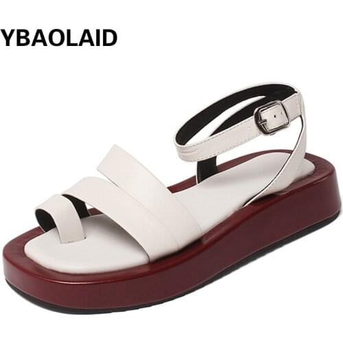 Round Head Cowhide Set Toe Cross Strap Casual Sandals New Solid Color One-word Buckle Platform Platform Roman Sandals
