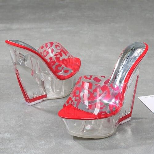 Summer Fashion Slides Clear PVC Transparent Slippers Women Shoes Open Toe Wedges High Heels Mules Dress Pumps Big Size DA0069
